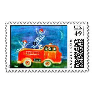 Firefighter skeleton crew in a fire truck POP ART Postage Stamp