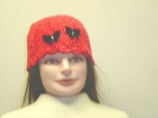 Cp123, Hand Crocheted Red Chenille and Gimp Tweed Skull Cap with Two Black Rhinestone Butterfly for Women and Teens