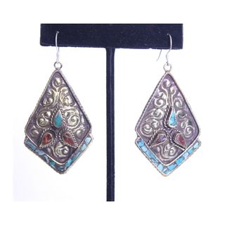 Brass and Sterling Silver Turquoise Coral Diamond Shape Earrings (Nepal) Earrings