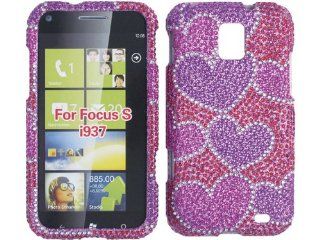 Purple Pink Hearts Bling Rhinestone Diamond Crystal Faceplate Hard Skin Case Cover for Samsung Focus S SGH i937 w/ Free Pouch Cell Phones & Accessories