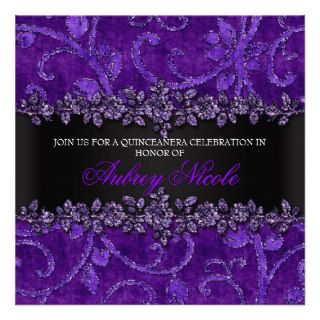 Purple Faux Glitter & Velvet Floral Quinceanera Announcements