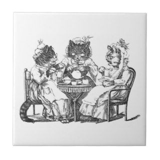 Gossiping Cats Have Tea Party Tile