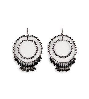 Black Color Stone Silver Tone Double Dangle Earrings Jewelry