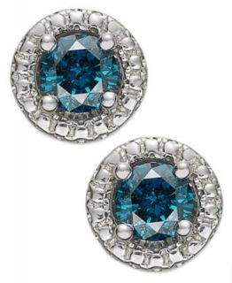 Diamond Earrings, 14k White Gold Blue Diamond (3/4 ct. t.w.) and White Diamond (1/5 ct. t.w.) Halo Stud   Earrings   Jewelry & Watches