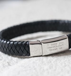 engraved leather wristband by oh so cherished