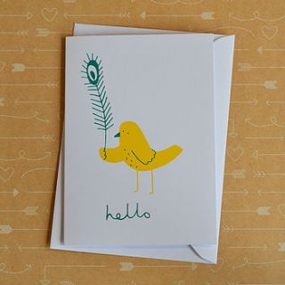 'hello' bird and feather screenprinted card by the imagination of ladysnail