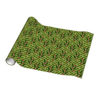 Holly, green gold stripes Wrapping Paper