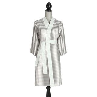 Women's Organic Cotton White and Tan Stripe Bath Robe Bath Robes