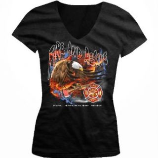 Fire And Rescue, Bald Eagle and Axe Ladies Junior Fit V neck T shirt Clothing
