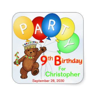 Cheerful 9th Birthday Party Bear Square Sticker