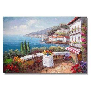 Italian Mediterranean Garden by Sea with Flowers Impressionist Landscape Oil Painting Canvas Art High Quality Home & Office Decor  