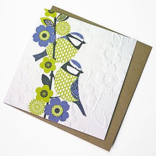 hand embossed two blue tit card by linokingcards