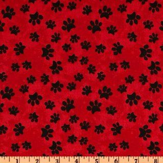 44'' Wide Garden Frolic Paw Prints Red Fabric By The Yard