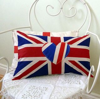 oblong union jack cushion with heart applique by jojo accessories