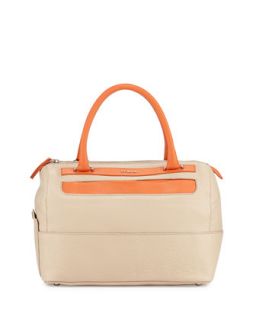 Laila Pebbled Leather Satchel, Taupe/Deep Coral
