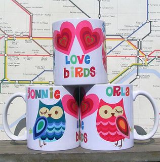 pair of personalised love bird earthenware mugs by that lovely shop