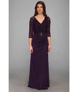 Adrianna Papell Illusion Sleeve V Neckline Gown w/ Sequin Floral Details Womens Dress (Purple)
