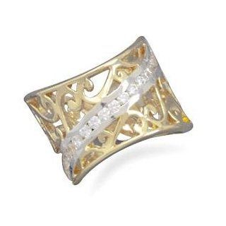 Two Tone Filigree 14K Gold and Silver Plate with CZs Ring Jewelry