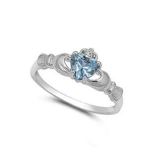 ALL NATURAL GENUINE GEMSTONE   9MM 2ctw Sterling Silver MARCH BLUE AQUAMARINE HEART BIRTHSTONE Royal Claddagh Celtic Irish Ring SIZE 2 13 Toe Rings Jewelry