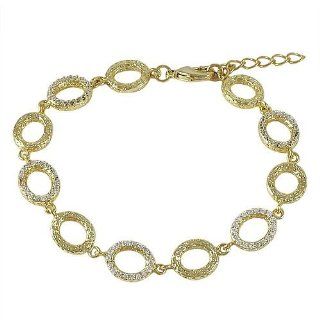 Yellow Gold Tone White CZ Open Ovals Circle Men Women Teen Bracelet 7" with 1" Extension Link Charm Bracelets Jewelry