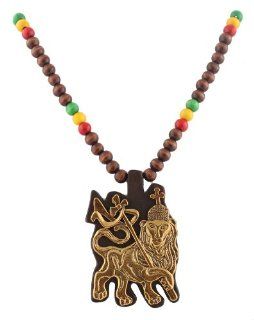 2 Pieces of Brown with Gold & Multicolors Wooden Rasta Lion of Judah Pendant and 36 Inch Necklace Chain Wood Pendant Jewelry