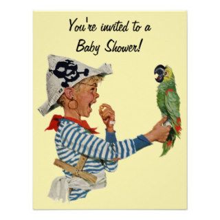Vintage Child, Boy Pirate Parrot Bird, Baby Shower Custom Invitations