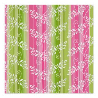 Green and pink floral pattern with stripes posters