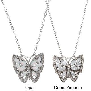 Sterling Silver White CZ or Opal Antique finished Butterfly Necklace Cubic Zirconia Necklaces