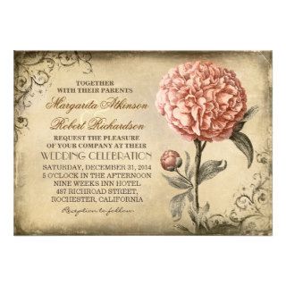 vintage rustic wedding invitation with pink peony