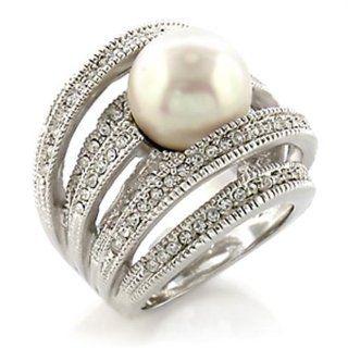 Women's Rhodium 12 Mm White Synthetic Pearl Bridal Cocktail Ring, Size 5, 6, 7, 8, 9, 10 (5) Wedding Ring Sets Jewelry