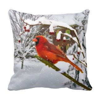 Cardinal Bird, Snow, Winter, Throw Pillow