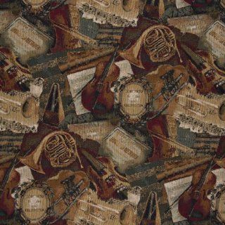 54" Wide A010, Orchestra, Symphony, Violins, Trumpets and French Horns, Themed Tapestry Upholstery Fabric By The Yard