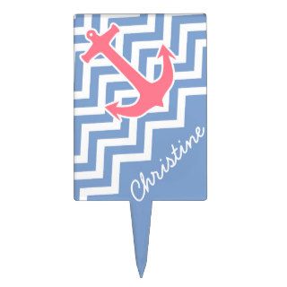 Trendy  Red Anchor Blue Chevron Fashion Monogram Cake Toppers
