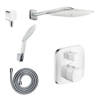 Hansgrohe HG T204 Chrome / White PuraVida PuraVida Shower Faucet with Thermostatic Trim, Volume Control & Diverter Trim, Metal Lever Handles, Shower Arm, 63" Hose, Hand Shower Holder Single Function Shower Head and Multi Function Hand Shower Less 