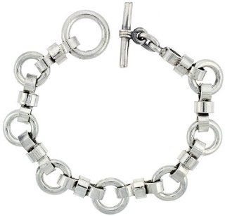 Sterling Silver Round Links Bracelet Toggle Clasp Handmade 1/2 inch wide, 8 inch long Jewelry
