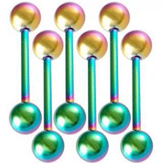 14G 14 Gauge (1.6mm), 16mm long  Rainbow Anodized surgical steel tongue rings straight bars balls tounge barbells ABOZ   Pierced Body Piercing Jewelry  Set of 6 Jewelry