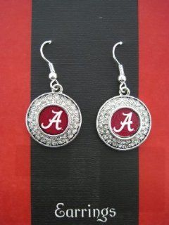 Officially Licensed University of Alabama "A" Crimson Tide Silvertone Round Crystal Studded Earrings Dangle Earrings Jewelry