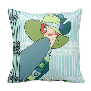 Shelby, 1920s Lady in Aqua and Teal Throw Pillows