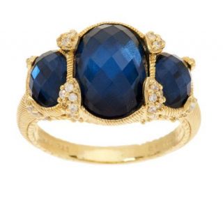 Judith Ripka Sterling/14K Gold Clad Blue Doublet 3 Stone Ring —