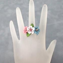 Pink, Blue and White Floral Blossom Leather Ring (Thailand) Rings