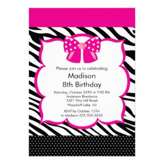 Pink Zebra Tween Birthday Party Invitation