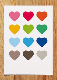 multi coloured hearts postcard by showler and showler