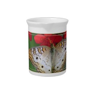 White Butterfly on Red Flowers Drink Pitchers