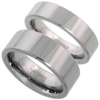 2 Ring Set Tungsten Ring 6 & 8 mm His & Hers Flat Wedding Band Polished Mirror Finish Comfort Fit, sizes 9 13 & 5 9 Jewelry