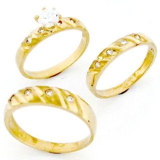 10k Gold His & Hers Trio 3 Piece CZ Wedding Ring Sets Jewelry