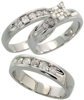 14k White Gold Trio 3 Piece His (5mm) & Hers (4mm; 6mm) Wedding Band Set, w/ 1.02 Carats Brilliant Cut, Baguette & Invisible set Diamonds; (Men's Size 9 to 12); Ladies' Size 6 Jewelry