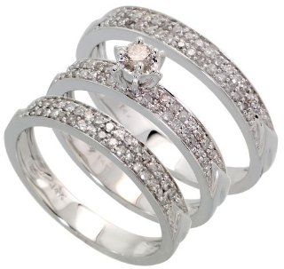 14k White Gold His & Hers Trio Wedding Set Ring, w/ 0.71 Carat Brilliant Cut Diamonds, size 6 Jewelry