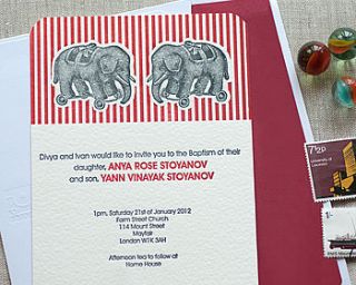 twin elephants letterpress baptism invitation by biplane press