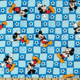 44'' Wide Disney Mickey Mouse Star Check Blue Fabric By The Yard