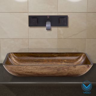 VIGO Rectangular Amber Sunset Glass Vessel Sink and Wall Mount Faucet in Antique Rubbed Bronze Vigo Sink & Faucet Sets